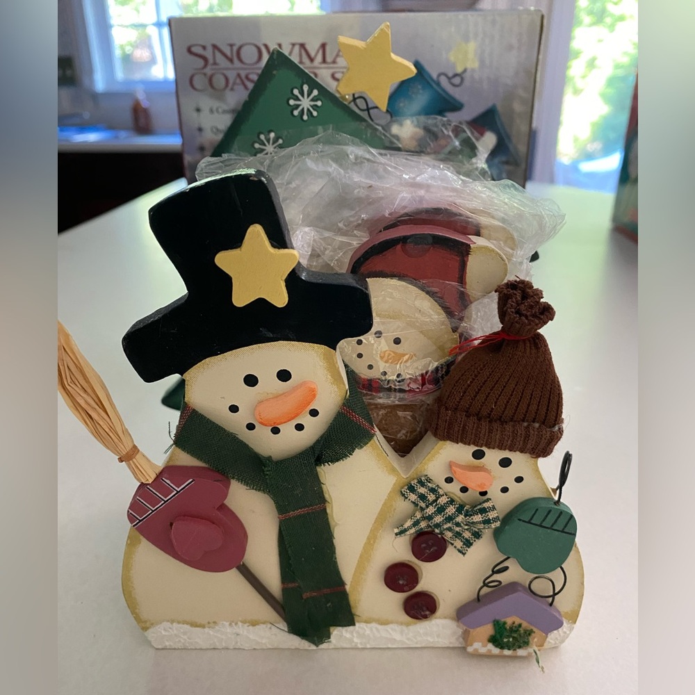 Country Wooden Snowman Coaster Set of 6 NWT